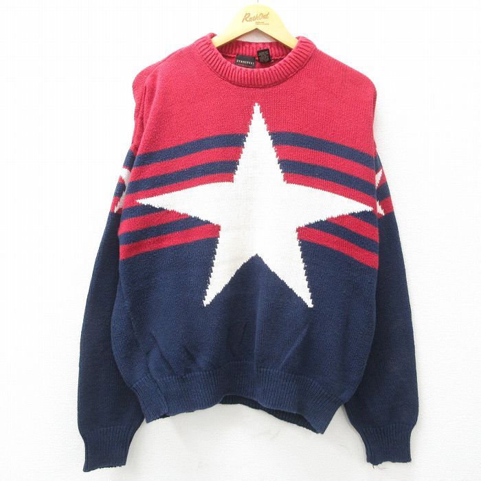 【50%OFF】XL★古着 長袖 セーター メンズ 90年代 90s 星 コットン クルーネック USA製 紺他 ネイビー 【spe】 25feb08 中古 ニット トップス