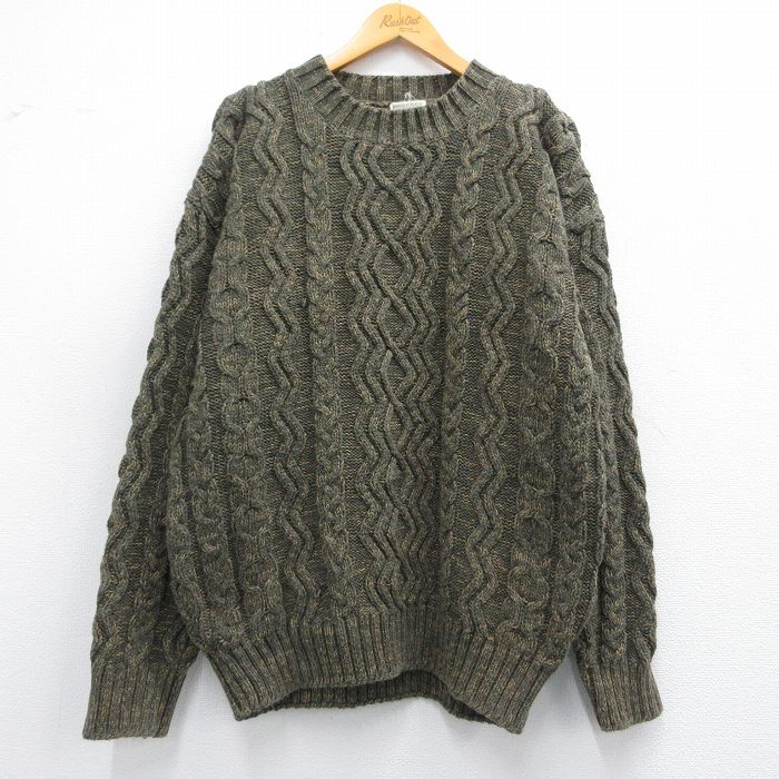 XL★古着 バナナリパブリック BANANA REPUBLIC 長袖 ケーブル セーター メンズ 80年代 80s コットン クルーネック 濃緑他 グリーン 【spe】 25feb08 中古 ニット トップス