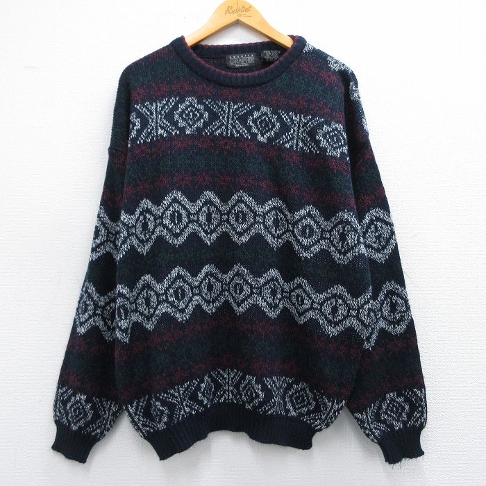 XL★古着 長袖 セーター メンズ 90年代 90s アクリル クルーネック 紺他 ネイビー 25feb08 中古 ニット トップス