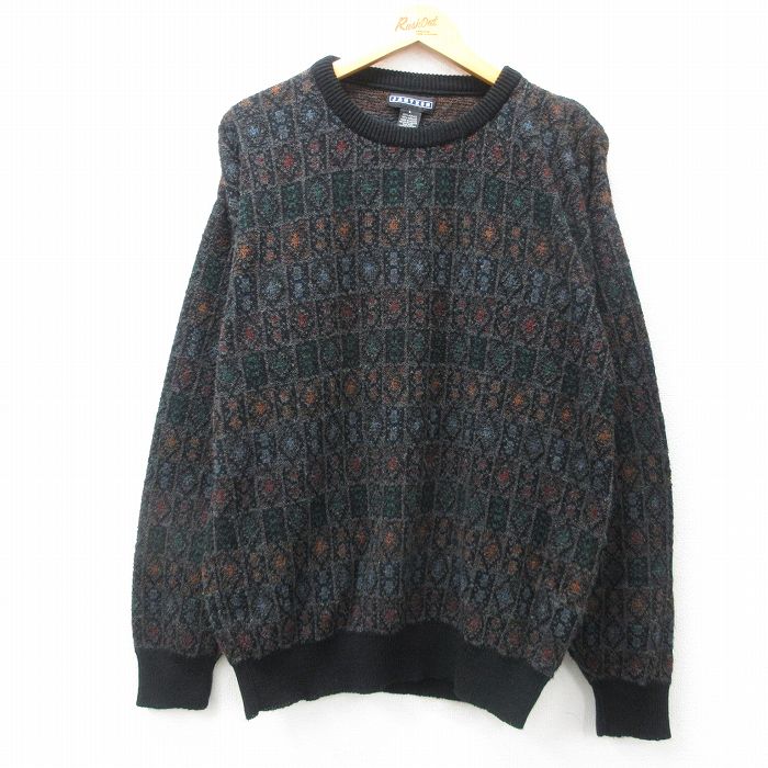 XL★古着 ジャンセン 長袖 セーター メンズ 00年代 00s アクリル クルーネック 黒他 ブラック 25feb12 中古 ニット トップス