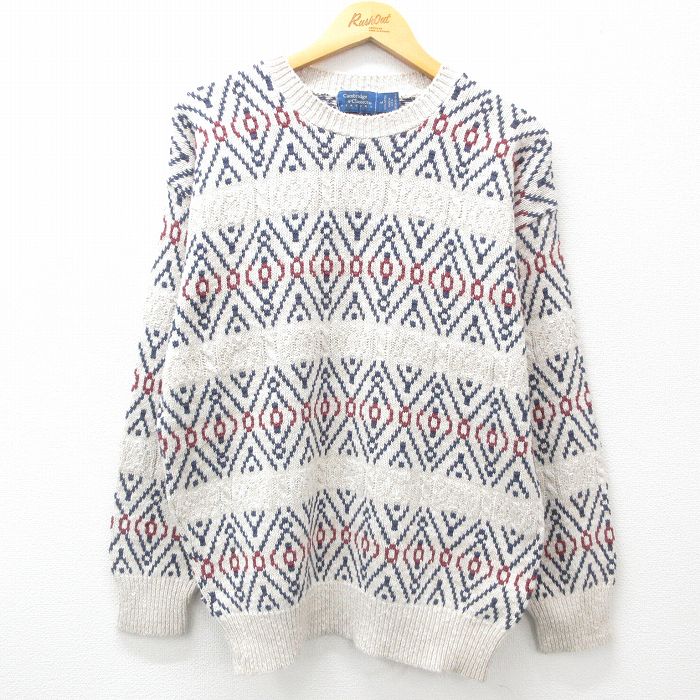 【50%OFF】XL★古着 長袖 セーター メンズ 90年代 90s コットン クルーネック USA製 薄ベージュ系他 カーキ 25feb12 中古 ニット トップス