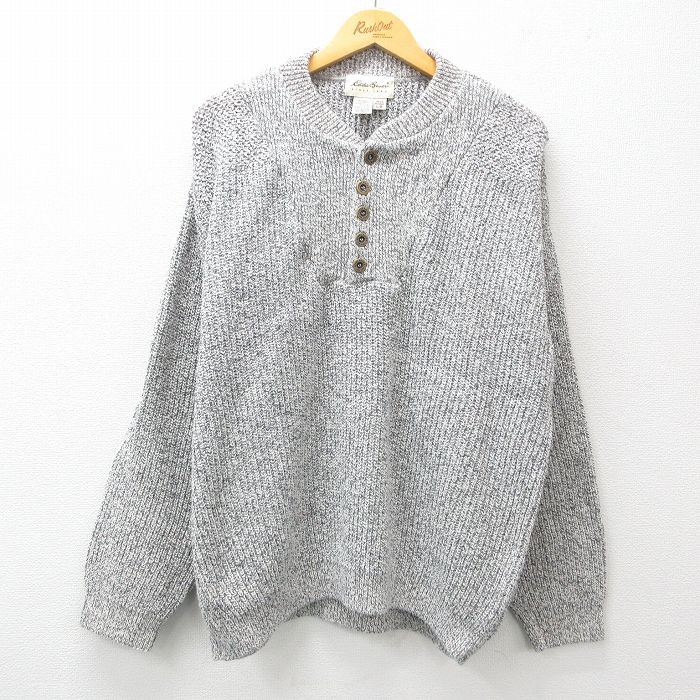 XL★古着 エディーバウアー 長袖 セーター メンズ 90年代 90s 大きいサイズ コットン ヘンリーネック USA製 薄グレー 【spe】 25feb12 中古 ニット トップス