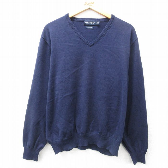 XL★古着 ラルフローレン Ralph Lauren ポロゴルフ 長袖 ブランド セーター メンズ 90年代 90s コットン Vネック 紺 ネイビー 25feb12 中古 ニット トップス