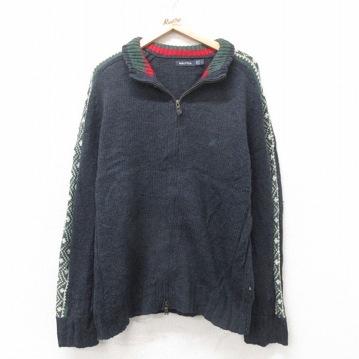 XL★古着 ノーティカ NAUTICA 長袖 ブランド フルジップ ニット カーディガン メンズ ワンポイントロゴ 紺 ネイビー 25feb12 中古 トップス
