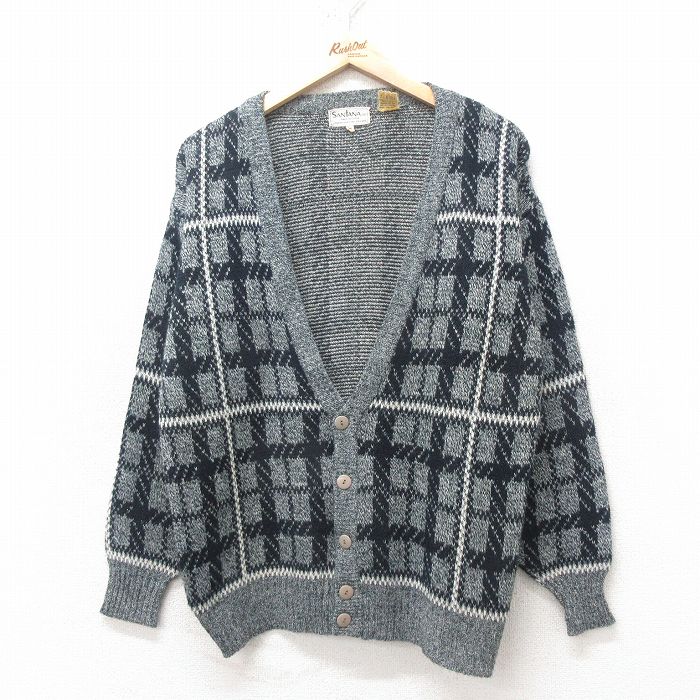 L★古着 長袖 ニット カーディガン メンズ 90年代 90s アクリル グレー他 チェック 25feb12 中古 トップス