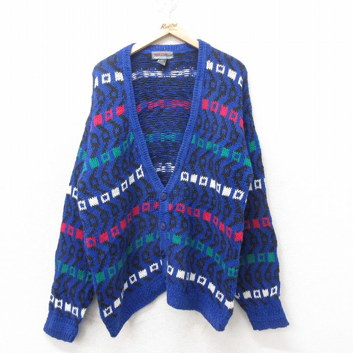 XL★古着 長袖 ニット カーディガン メンズ 90年代 90s 青他 ブルー 【spe】 25feb12 中古 トップス