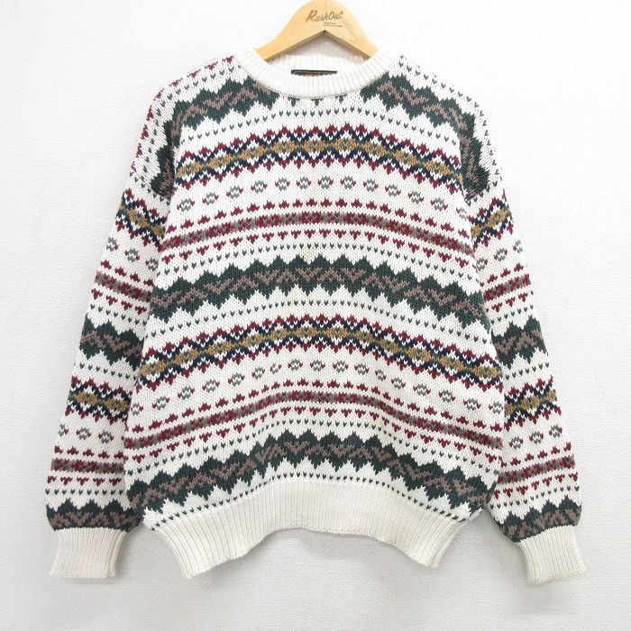 【20%OFF】XL★古着 エディーバウアー 長袖 セーター メンズ 90年代 90s フェアアイル 大きいサイズ コットン クルーネック 白他 ホワイト 【spe】 25feb13 中古 ニット トップス