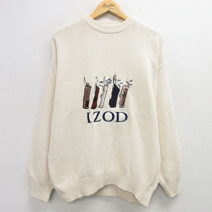 【50%OFF】XL★古着 IZOD 長袖 セーター メンズ 90年代 90s ビッグロゴ ゴルフ 刺繍 大きいサイズ コットン クルーネック 白 ホワイト 25feb13 中古 ニット トップス