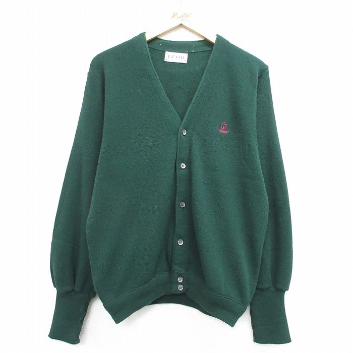 L★古着 IZOD 長袖 ニット カーディガン メンズ 90年代 90s ワンポイントロゴ USA製 緑 グリーン 25feb13 中古 トップス