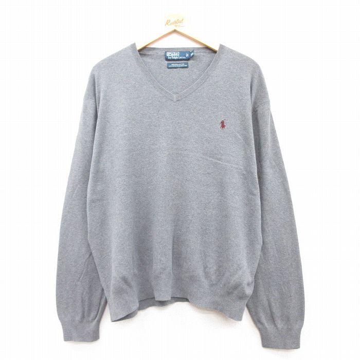 XL★古着 ラルフローレン Ralph Lauren 長袖 ブランド セーター メンズ 90年代 90s ワンポイントロゴ 大きいサイズ コットン Vネック グレー 霜降り 25feb13 中古 ニット トップス