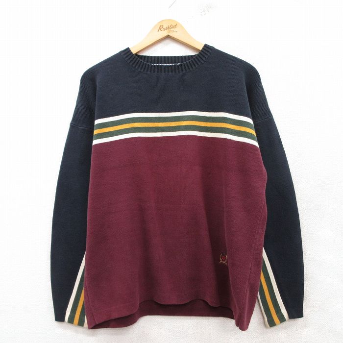 L★古着 トミーヒルフィガー TOMMY HILFIGER 長袖 ブランド セーター メンズ 90年代 90s ワンポイントロゴ コットン クルーネック エンジ他 25feb13 中古 ニット トップス