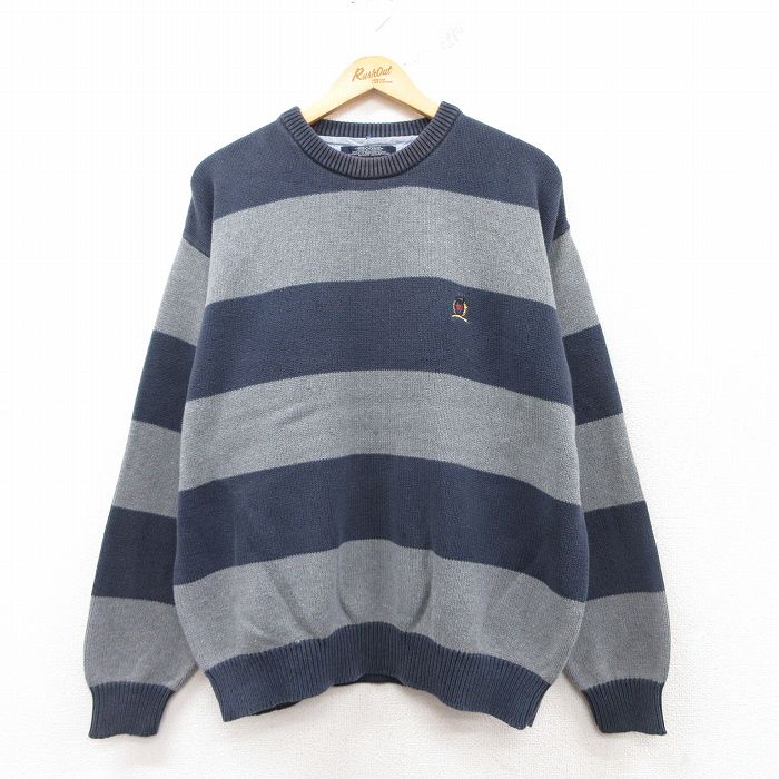 XL★古着 トミーヒルフィガー TOMMY HILFIGER 長袖 ブランド セーター メンズ ワンポイントロゴ コットン クルーネック 紺他 ネイビー ボーダー 25feb13 中古 ニット トップス