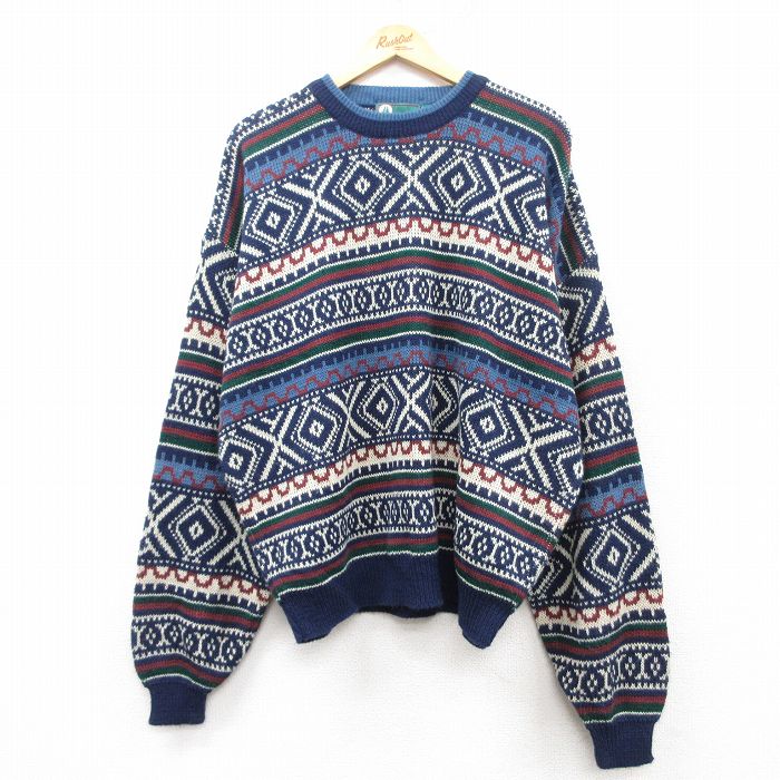 【50%OFF】XL★古着 長袖 セーター メンズ 90年代 90s 大きいサイズ アクリル クルーネック 紺他 ネイビー 25feb14 中古 ニット トップス