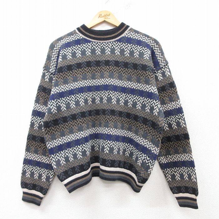 【20%OFF】M★古着 長袖 セーター メンズ 90年代 90s クルーネック 紺他 ネイビー 25feb14 中古 ニット トップス