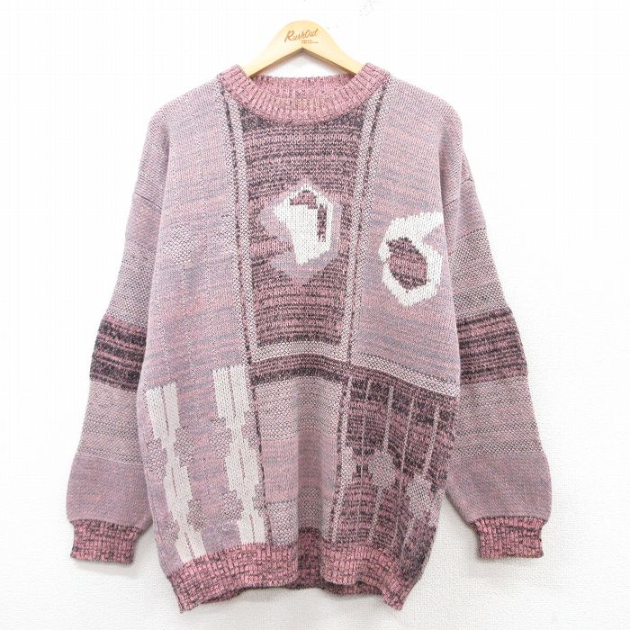 【50%OFF】L★古着 長袖 セーター メンズ 80年代 80s クルーネック ピンク系 25feb14 中古 ニット トップス