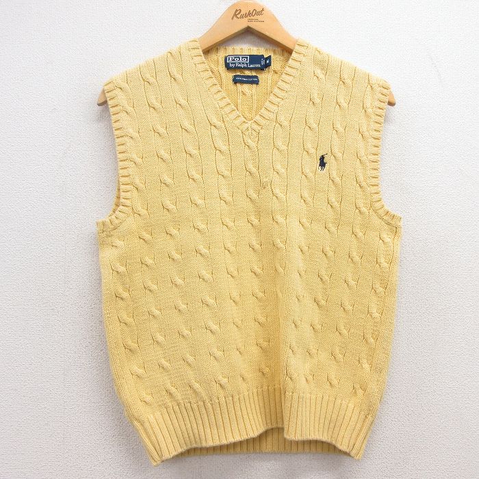 S★古着 ラルフローレン Ralph Lauren 長袖 ブランド ケーブル セーター メンズ 90年代 90s ワンポイントロゴ コットン Vネック 黄 イエロー 【spe】 25feb14 中古 ニット トップス