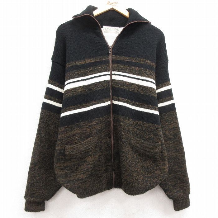 【50%OFF】L★古着 長袖 フルジップ ニット カーディガン メンズ 00年代 00s アクリル 茶他 ブラウン 内側サーマル 25feb14 中古 トップス