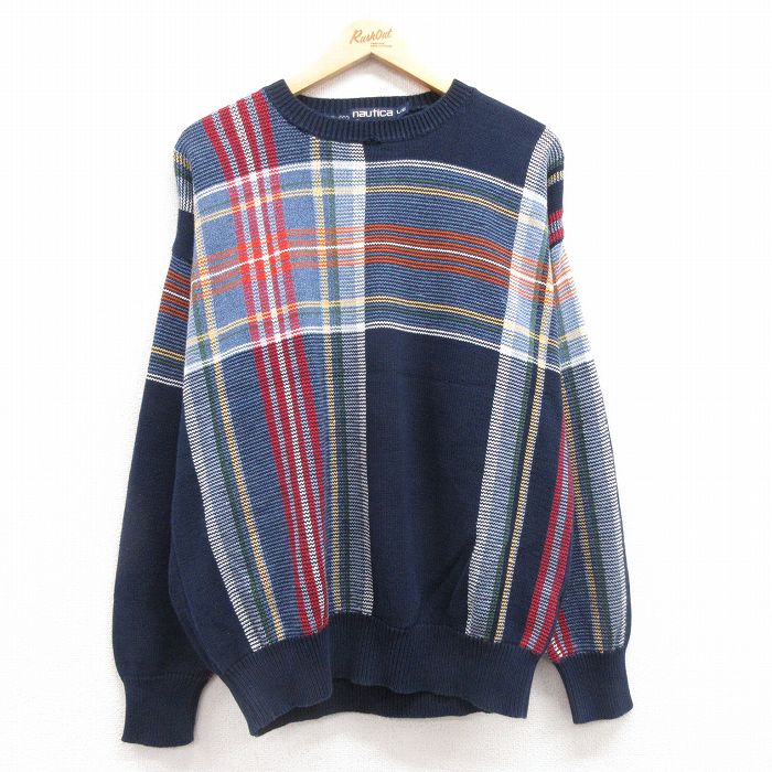 L★古着 ノーティカ NAUTICA 長袖 ブランド セーター メンズ 90年代 90s コットン クルーネック 紺他 ネイビー 25feb14 中古 ニット トップス