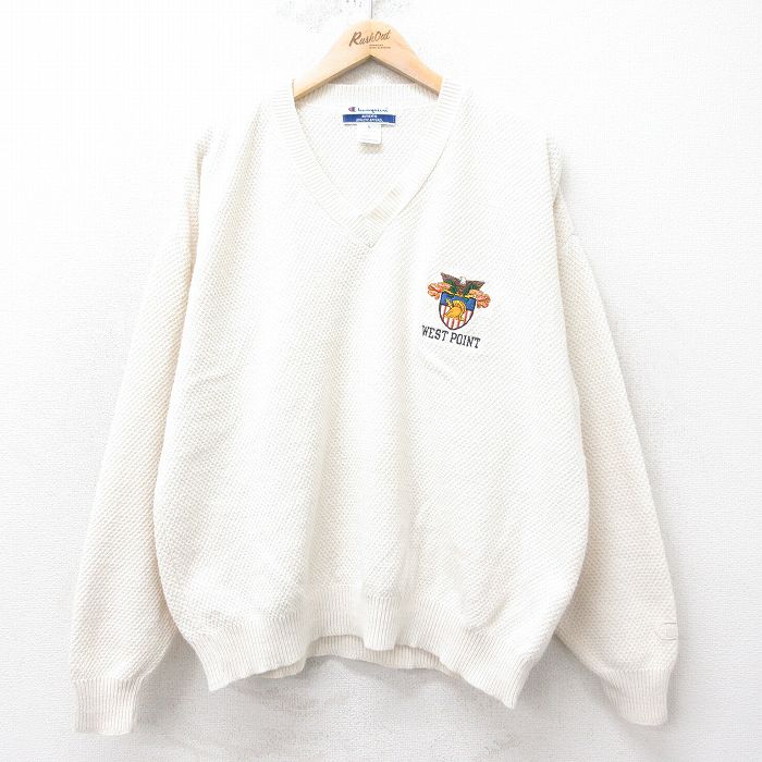 XL★古着 チャンピオン champion 長袖 セーター メンズ 90年代 90s ウエストポイント 大きいサイズ コットン Vネック USA製 白 ホワイト 25feb14 中古 ニット トップス