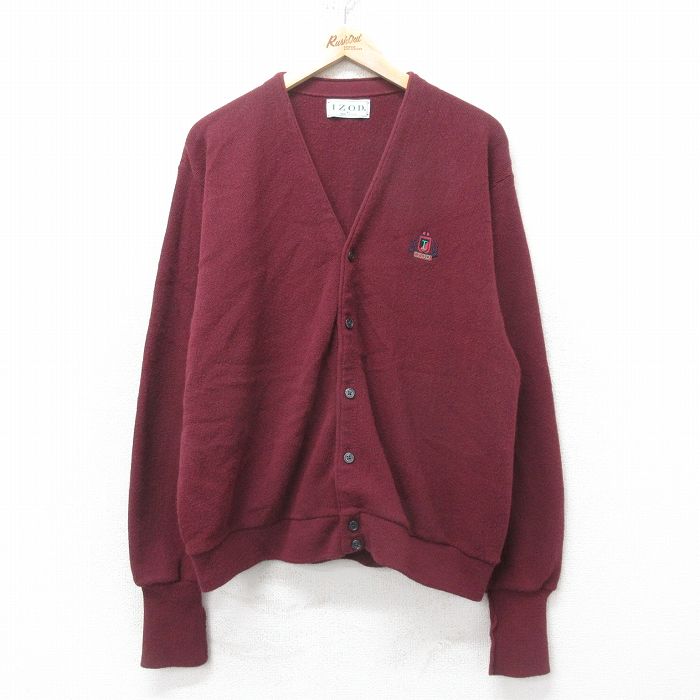 XL★古着 IZOD 長袖 ニット カーディガン メンズ 90年代 90s ワンポイントロゴ アクリル USA製 エンジ 25feb14 中古 トップス