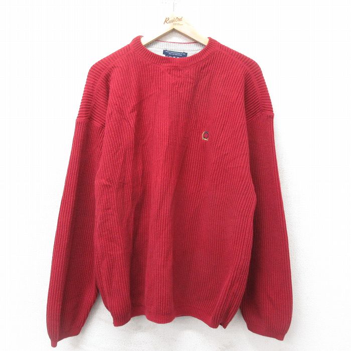 【50%OFF】L★古着 トミーヒルフィガー TOMMY HILFIGER 長袖 ブランド セーター メンズ 90年代 90s ワンポイントロゴ コットン クルーネック エンジ 25feb14 中古 ニット トップス