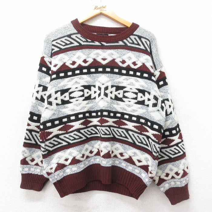 【50%OFF】L★古着 長袖 セーター メンズ ネイティブ柄 ラグ柄 アクリル クルーネック 白他 ホワイト 25feb15 中古 ニット トップス