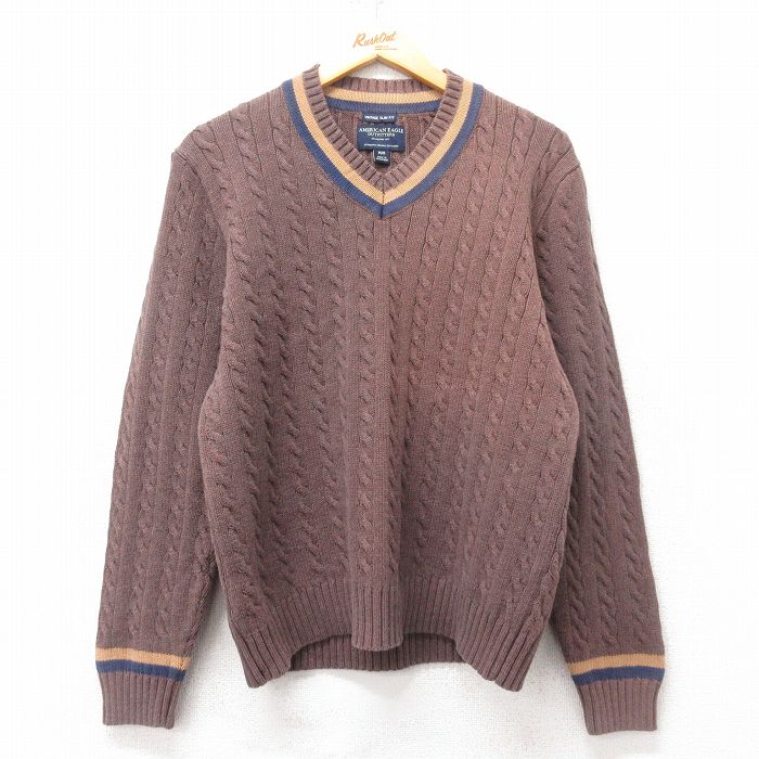 【50%OFF】M★古着 アメリカンイーグル American Eagle 長袖 ケーブル セーター メンズ コットン Vネック 茶 ブラウン 25feb15 中古 ニット トップス