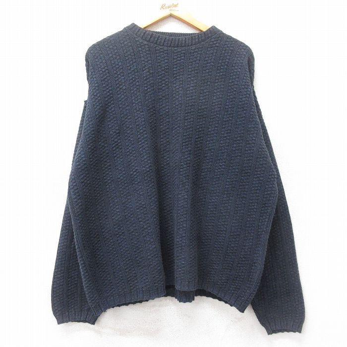 XL★古着 長袖 セーター メンズ 90年代 90s 手織り 大きいサイズ クルーネック USA製 紺 ネイビー 25feb15 中古 ニット トップス