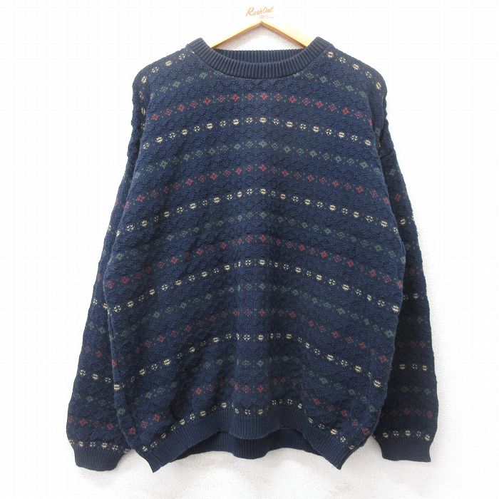 【50%OFF】XL★古着 長袖 セーター メンズ 90年代 90s 大きいサイズ クルーネック USA製 紺他 ネイビー 25feb15 中古 ニット トップス