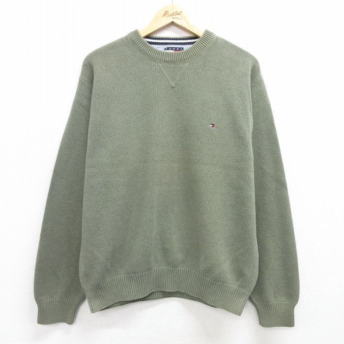 L★古着 トミーヒルフィガー TOMMY HILFIGER 長袖 ブランド セーター メンズ 90年代 90s ワンポイントロゴ コットン クルーネック 緑系 グリーン 25feb17 中古 ニット トップス