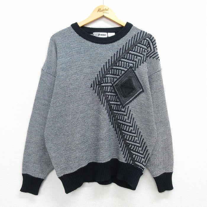 【50%OFF】L★古着 長袖 セーター メンズ 00年代 00s レザー使用 アクリル クルーネック 黒他 ブラック 25feb17 中古 ニット トップス