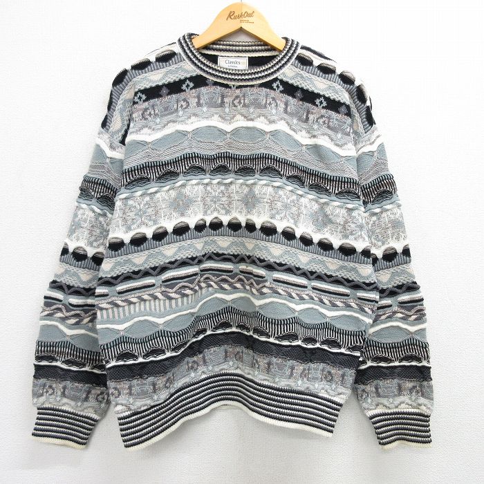 L★古着 長袖 セーター メンズ 90年代 90s 3Dニット コットン クルーネック USA製 黒他 ブラック 【spe】 25feb17 中古 ニット トップス