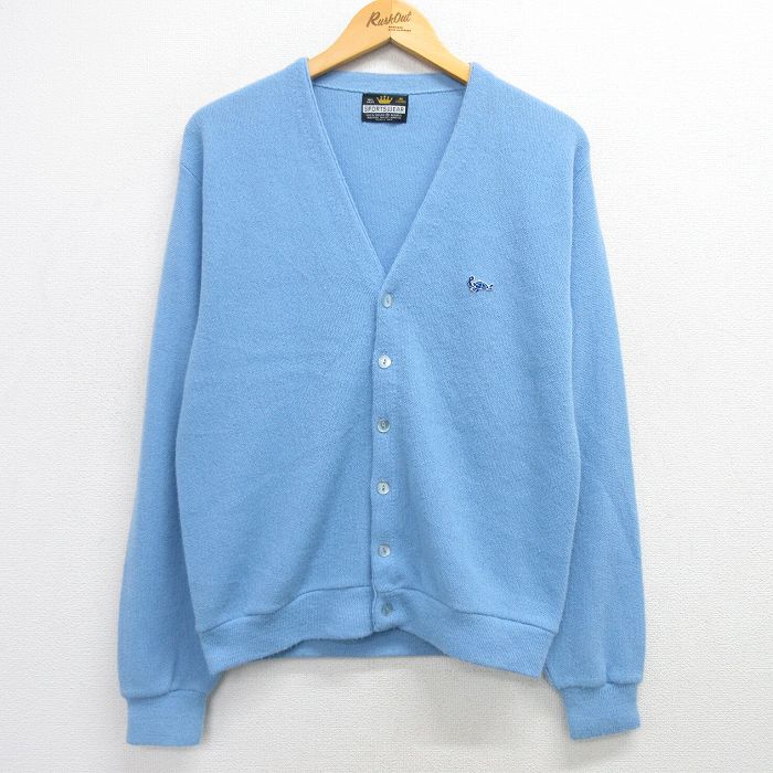 M★古着 長袖 ニット カーディガン メンズ 80年代 80s ワンポイントロゴ アクリル 水色 25feb17 中古 トップス