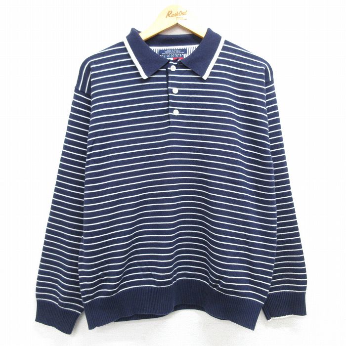 【50%OFF】L★古着 トミーヒルフィガー TOMMY HILFIGER 長袖 ブランド セーター メンズ 90年代 90s ワンポイントロゴ コットン 襟付き 紺他 ネイビー 25feb17 中古 ニット トップス
