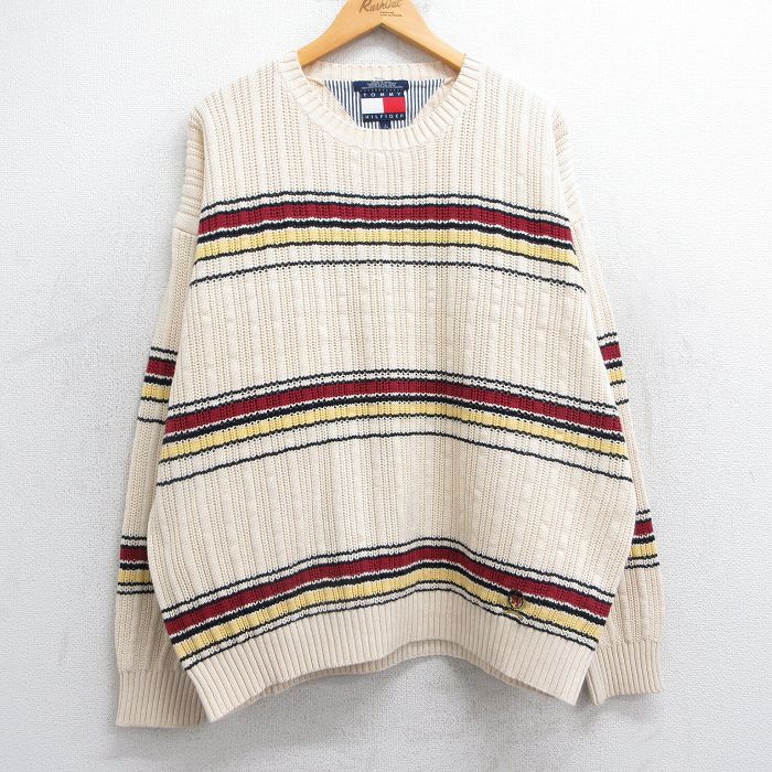 XL★古着 トミーヒルフィガー TOMMY HILFIGER 長袖 ブランド セーター メンズ 90年代 90s ワンポイントロゴ 大きいサイズ コットン クルーネック 生成り他 【spe】 25feb17 中古 ニット トップス