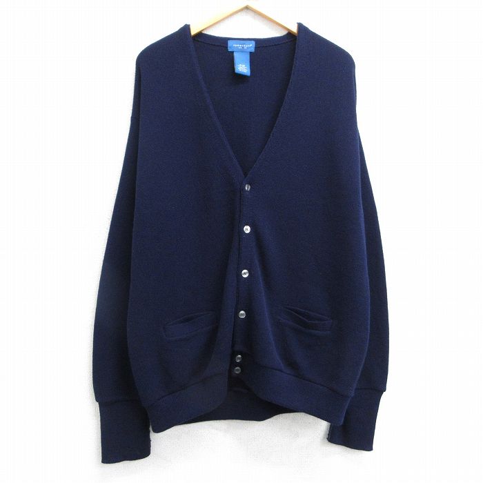 XL★古着 タウンクラフト 長袖 ニット カーディガン メンズ 90年代 90s 無地 アクリル USA製 紺 ネイビー 25feb17 中古 トップス