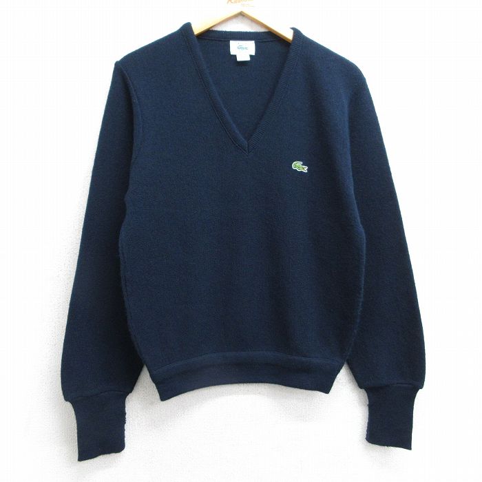 M★古着 ラコステ LACOSTE IZOD 長袖 ブランド セーター メンズ 90年代 90s ワンポイントロゴ アクリル Vネック USA製 紺 ネイビー 25feb17 中古 ニット トップス