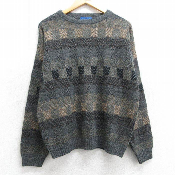 L★古着 タウンクラフト 長袖 セーター メンズ 90年代 90s アクリル クルーネック グレー他 25feb17 中古 ニット トップス