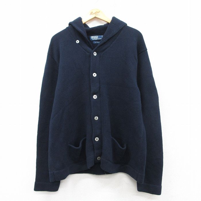 XL★古着 ラルフローレン Ralph Lauren 長袖 ブランド ニット カーディガン メンズ 90年代 90s 無地 コットン ショールカラー 紺 ネイビー 【spe】 25feb17 中古 トップス