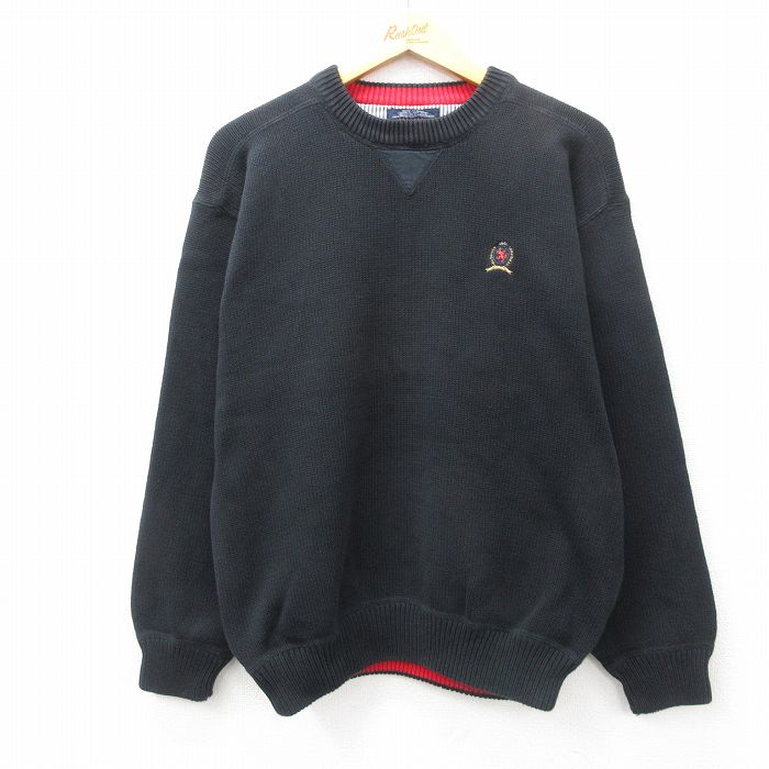 L★古着 トミーヒルフィガー TOMMY HILFIGER 長袖 ブランド セーター メンズ 90年代 90s ワンポイントロゴ コットン クルーネック 黒 ブラック 25feb18 中古 ニット トップス