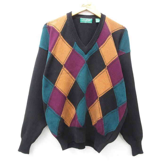 【50%OFF】L★古着 長袖 セーター メンズ 00年代 00s コットン クルーネック 黒他 ブラック 25feb18 中古 ニット トップス