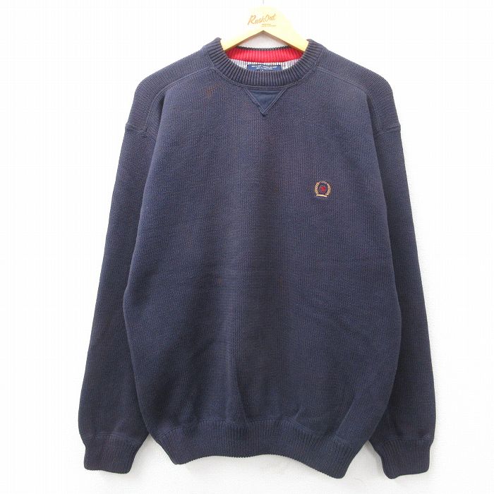 L★古着 トミーヒルフィガー TOMMY HILFIGER 長袖 ブランド セーター メンズ 90年代 90s ワンポイントロゴ コットン クルーネック 紺 ネイビー 25feb18 中古 ニット トップス