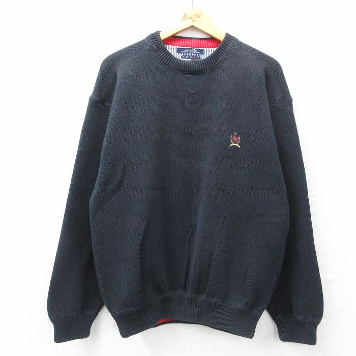 L★古着 トミーヒルフィガー TOMMY HILFIGER 長袖 ブランド セーター メンズ 90年代 90s ワンポイントロゴ コットン クルーネック 黒 ブラック 25feb18 中古 ニット トップス