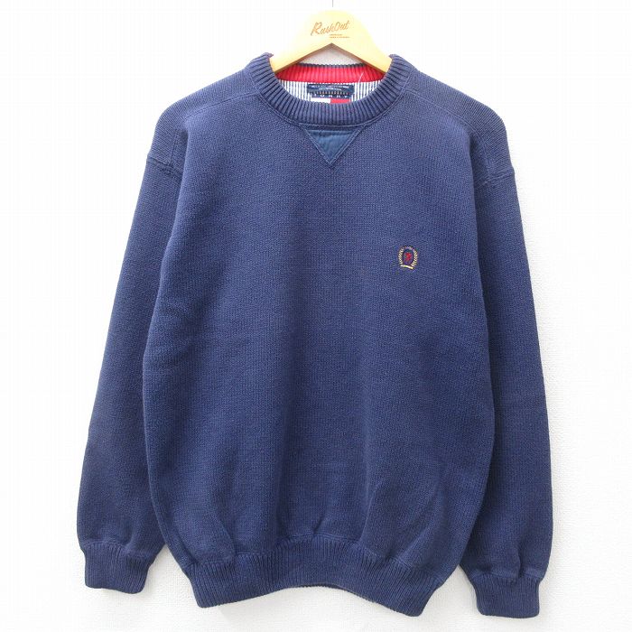 L★古着 トミーヒルフィガー TOMMY HILFIGER 長袖 ブランド セーター メンズ 90年代 90s ワンポイントロゴ コットン クルーネック 紺 ネイビー 25feb18 中古 ニット トップス