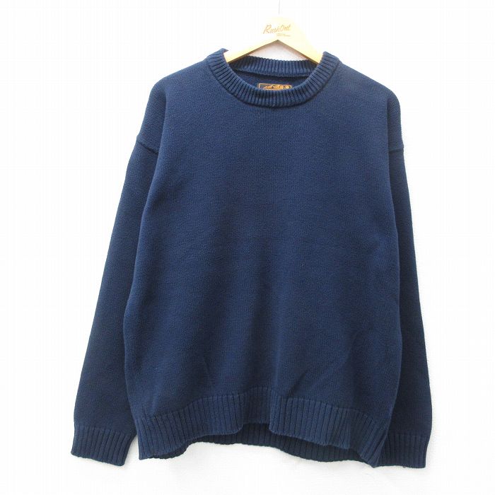 XL★古着 エディーバウアー 長袖 セーター メンズ 90年代 90s 無地 コットン クルーネック 紺 ネイビー 25feb18 中古 ニット トップス