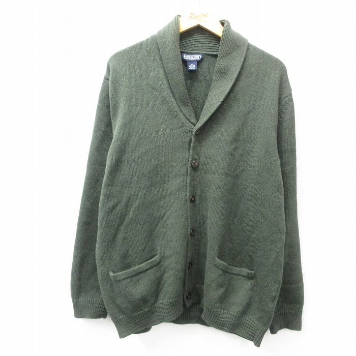 【50%OFF】XL★古着 ランズエンド 長袖 ニット カーディガン メンズ 00年代 00s コットン ショールカラー 濃緑 グリーン 25feb18 中古 トップス