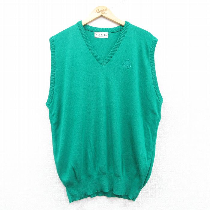 【20%OFF】L★古着 IZOD ニット ベスト メンズ 90年代 90s ワンポイントロゴ アクリル Vネック USA製 緑 グリーン 25feb18 中古 トップス