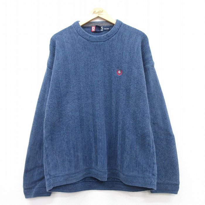 XL★古着 ラルフローレン Ralph Lauren チャップス 長袖 ブランド セーター メンズ 90年代 90s ヘリンボーン ワンポイントロゴ コットン クルーネック 紺 ネイビー 25feb18 中古 ニット トップス
