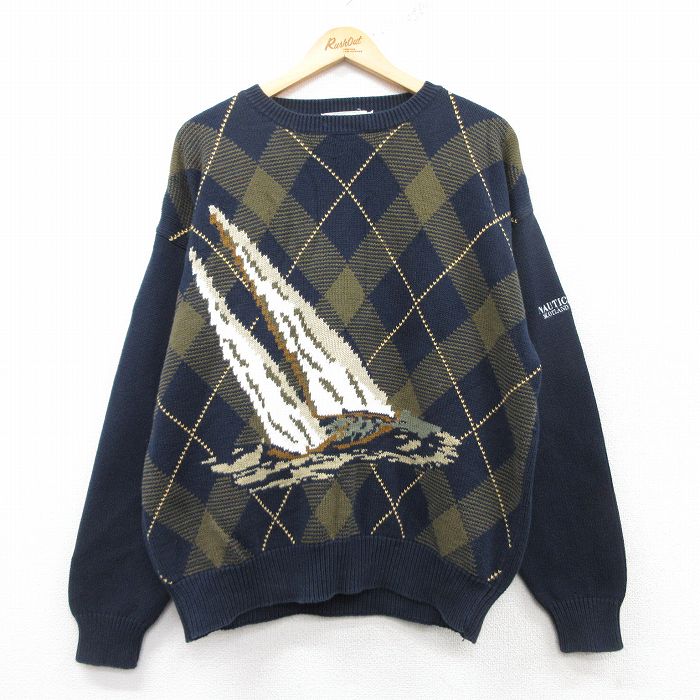 【50%OFF】L★古着 長袖 セーター メンズ ヨット クルーネック 濃紺 ネイビー 25feb18 中古 ニット トップス