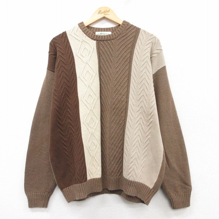 L★古着 オービス ORVIS 長袖 セーター メンズ 00年代 00s コットン クルーネック ベージュ他 カーキ 25feb18 中古 ニット トップス